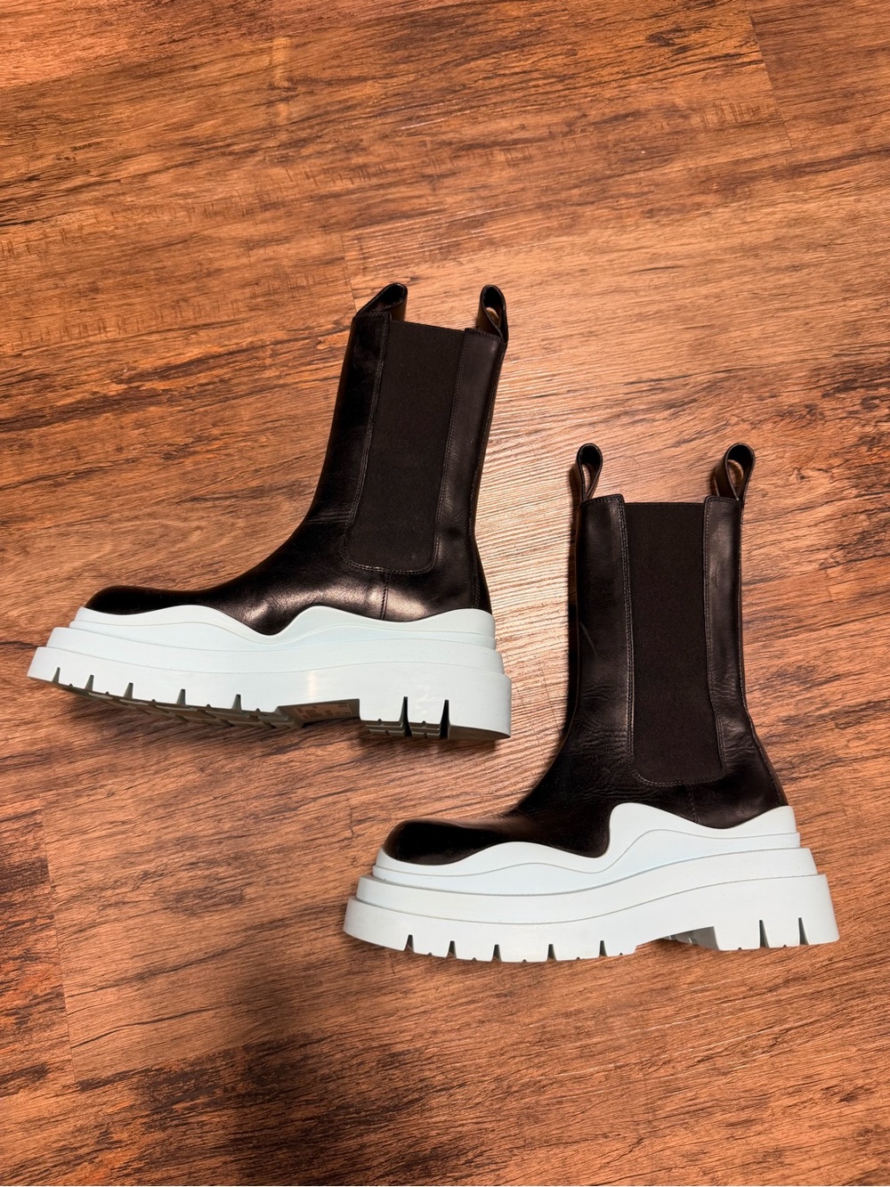 Bottega Veneta Black Leather Lace-Up Chelsea Boots with Light Blue Platform
